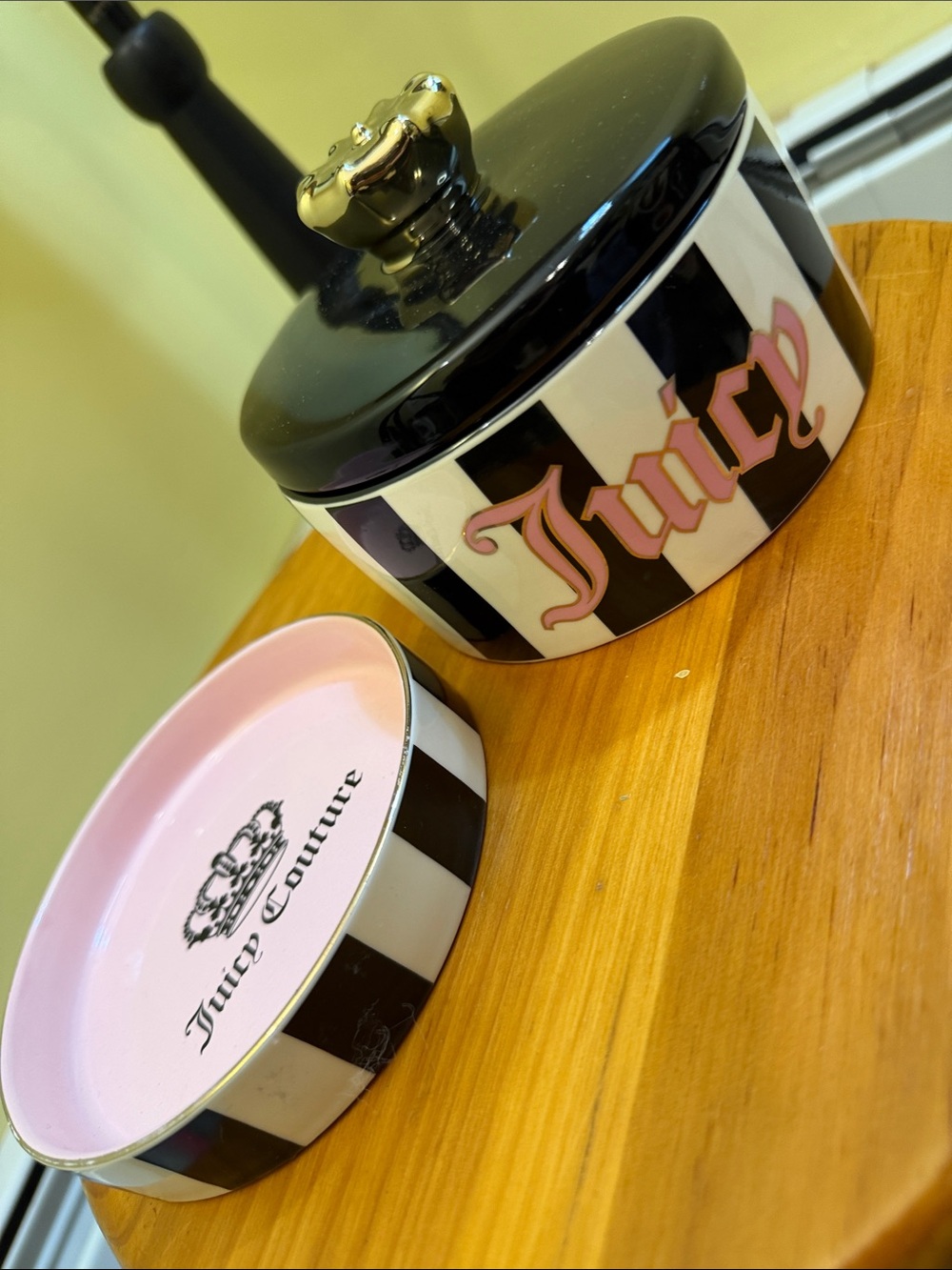 Juicy Couture Black, White & Pink Striped Ceramic Trinket Jar with Crown Lid